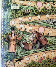 c. 1890 - ANCIENNE CHROMOLITHO PLATEAU "GARE AUX TROUS" JEU DE L'OIE SAUSSINE