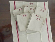 Torchons en métis lin écru avec liteaux et monogramme 59x92, 6 torchons (lot1)