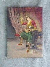 AQUARELLE sur bois, ancienne: LA JOUEUSE DE MANDOLINE.