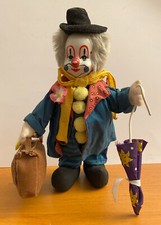 Clown voyageur avec valise et parapluie - Tête en porcelaine Ht 26 cm