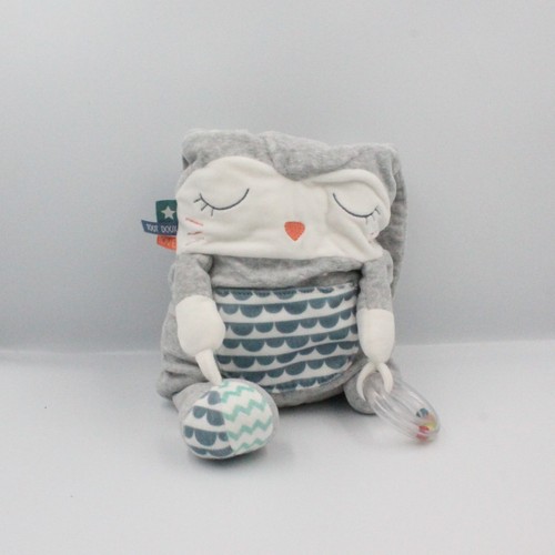 Doudou lapin gris blanc bleu