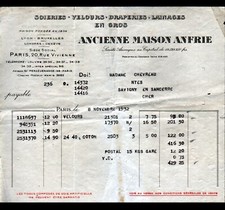 PARIS / LYON (II° / 69) SOIERIES LAINAGES DRAPERIE "ANFRIE" Facture en 1932