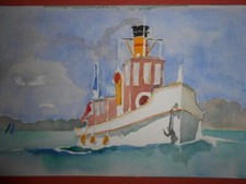 Aquarelle Marine chalutier retour de la pèche à encadré