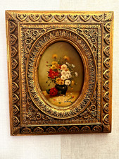 Peinture à l'huile ancienne sur bois, bouquet de fleurs cadre en bois dore