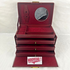 ➜BOÎTE/COFFRET À BIJOUX en cuir rouge bordeaux ancien/vintage de France + clé