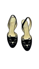 Charlotte Olympia Sandales Kitty Noires En Velours Taille 37 Excellent État 