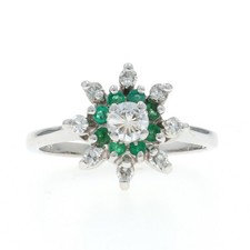 Or Blanc Diamant Émeraude Vintage Double Halo Bague - 14k Rond .56ctw Floral