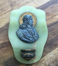 Antique French Jesus Holy Water Font 7 1/2” Marble Green Onyx Wall Jade Gold