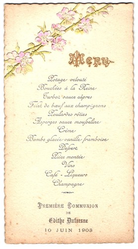 Menu 1903 première - 1903,, communion