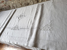 N29 Ancien drap en lin brodé MM jours retour dentelle Venise 210x304cm Ann 10/20