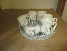 set de 4 mug ceramique chat matou avec sucrier et pot à lait sur plateau métal