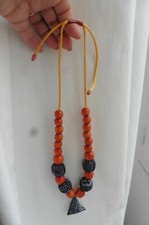 Neuf - Collier ethnique exotique en perles de bois et tissu batik Asie Océanie 