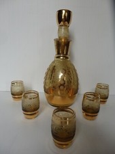 ART DECO CARAFE 5 VERRES CRISTAL JAUNE GRAVE ACIDE ET OR ST LOUIS BACCARAT ADAT