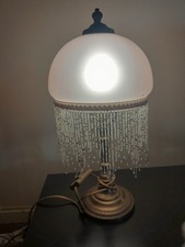 lampe à poser vintage socle bronze abat jour  vieux rose a pampille 43cm  ,TB
