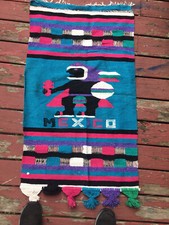 Vintage 90s Authentic Mexican Aztec Warrior Saltillo Serape Blanket 48x27 Falsa
