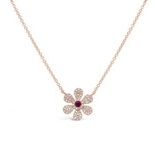 14K or Rose Diamant Rubis Collier Pendentif Fleur Naturel 0.24 Cts Coupe Ronde