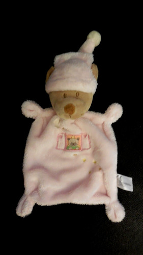 Doudou plat ours bonnet - ours, rose