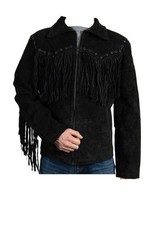Veste à franges en cuir véritable 100 % daim noir pour hommes de style...