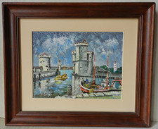 Tableau Vintage Signé * Marine Animée * La Rochelle * Huile dans Cadre