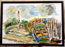AQUARELLE PHARE  ILE DE RE  ART TABLEAU PEINTURE PARIS JUMEAUX JEAN PIERRE