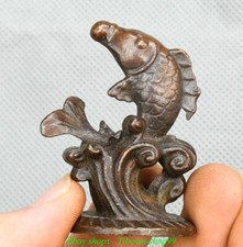 1.9''Old Chinese Dynasty Bronze Fengshui Lucky Fish Animal Statue Sculpture