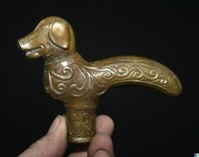 Tête de canne à fleur de cochon Feng Shui en bronze chinois ancien rare de 4,6"