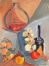 Nature morte "Fruits et bouteille" Gouache originale c 1968