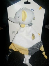 528/ doudou plat éléphant Babyfan gris blanc jaune moutarde plume SAUTHON 