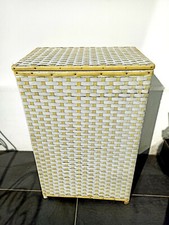 Panière à linge en scoubidou jaune et blanc vintage