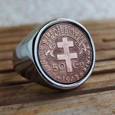 Bague Chevalière Véritable Pièce 50 centimes 1943 Croix de Lorraine Acier 