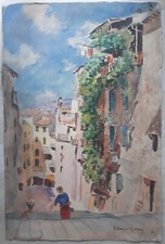 Tableau Peinture sur papier cartonné Aquarelle Signé Vue marine Village Corse