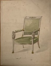 Dessin Original Ancien Peinture Aquarelle Projet  Meuble  Courant Napoléon III