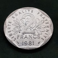 Pièce de monnaie de 2 francs Semeuse en nickel année 1981 qualité SUP nettoyée.