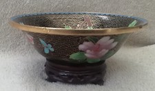 Bol Sur Socle Bois en émaux Cloisonnés et bronze Vintage Asie Chine Décor Floral
