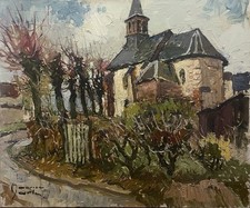 Tableau Peinture 20è XXè Martin Paysage Église Village Régionalisme rare ancien