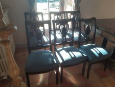 6 chaises de salon style empire en acajou, tapissées de tissus bleu.Bon état