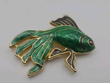 Bijoux Vintage Broche Poisson Combattant Siamois Émaillé Vert - Bleu #B#  H9