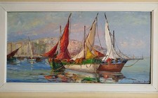 Tableau Marine Simone Lalanne Bascle Vue Collioure ?  Bateaux Mer 99 Cm X 59 Cm