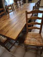 Table en bois massif Orme  296*102cm,11 Chaises Et 2 Bancs Fait Main Ébéniste 