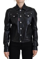 Veste Femme Authentique En Cuir Noir À Col Longue Manches Dsquared²