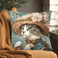 Housse de coussin CHATTE COSTUMEE ET RAVISSANT CHAPEAU ANCIEN 45cm Chat humanisé