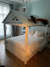 Lit double cabane enfant 140 x 200 cm (4 rangements tiroirs)  