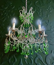 ancien lustre vert émeraude et or Murano avec perles, XIXe siècle