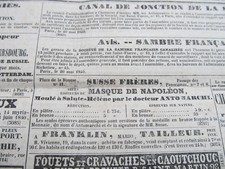 PUBLICITE de 1840 " MASQUE DE NAPOLEON " SUSSE FRERES - MOULE A STE-HELENE.