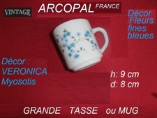 ARCOPAL FRANCE Vintage GRANDE TASSE ou MUG Décor Fleurs VERONICA Myosotis