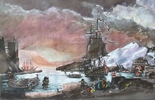 Marine gouache voilier vers 1700 au mouillage anonyme XXe