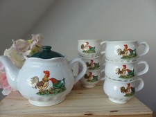 Service à café vintage en céramique - décor poules, poussins, coq, déco campagne