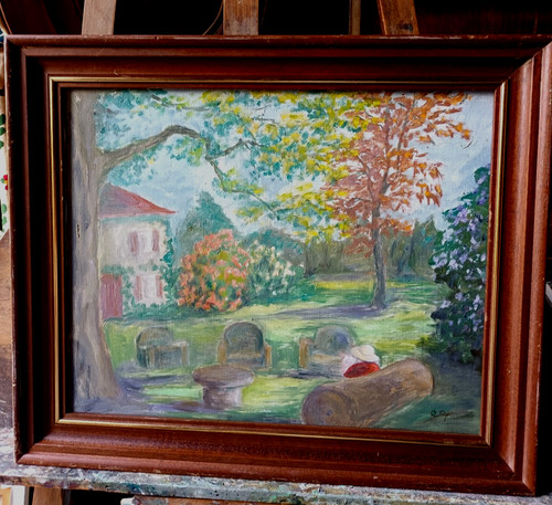 Huile ancienne paysage animé - huile,