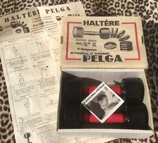 FRENCH 1920s PELGA DUMBBELL WEIGHTS IN BOX & MANUAL~SET OF 2~MADE IN FRANCE~RARE