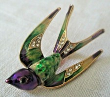 Magnifique broche hirondelle couleur or émail cristaux brillants bijou vintage 9